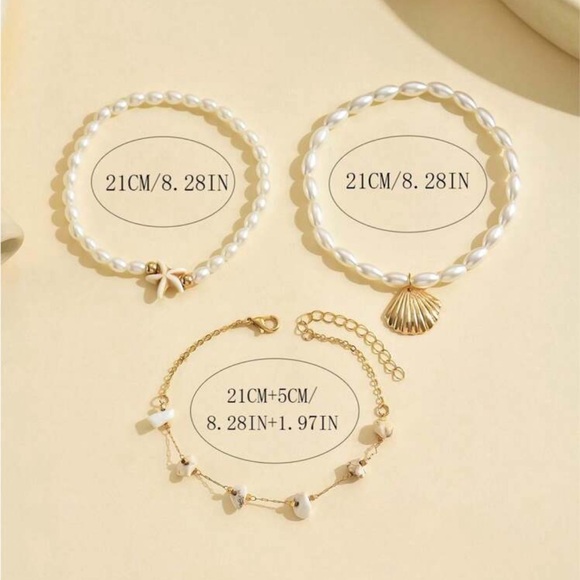 3pcs/Set White Starfish Pearl Beaded Gold Seashell Stone Chain Anklet - Picture 4 of 10